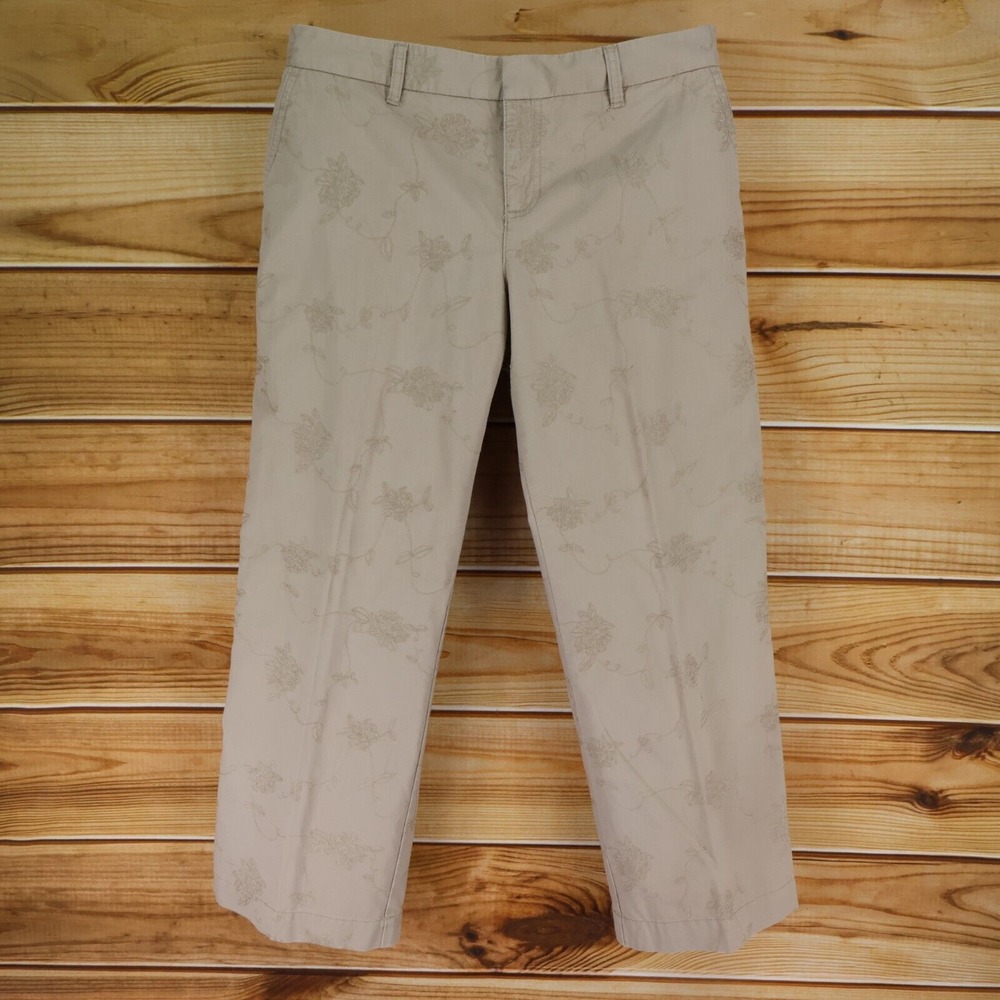 Liz Claiborne Sloane Fit Pants Embroidered Flowers Womens Size 16P Brown Cotton